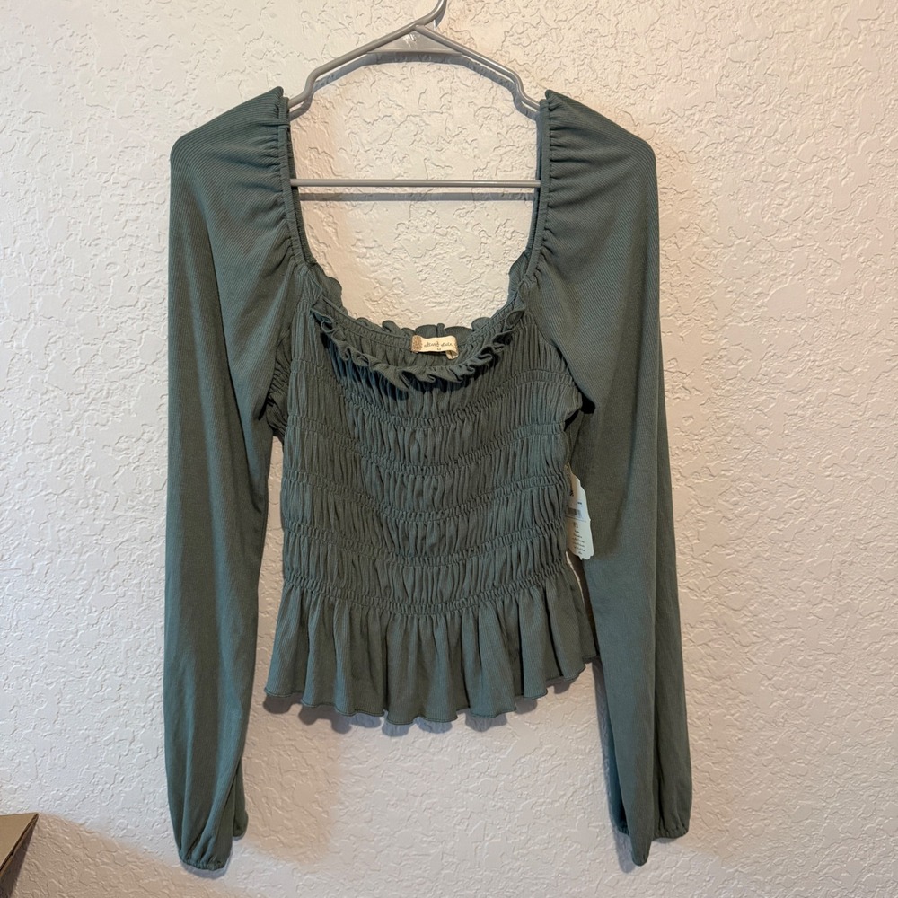 Altar'd State Smocked Peplum Top Size M Sage Green Cottagecore Boho Romantic